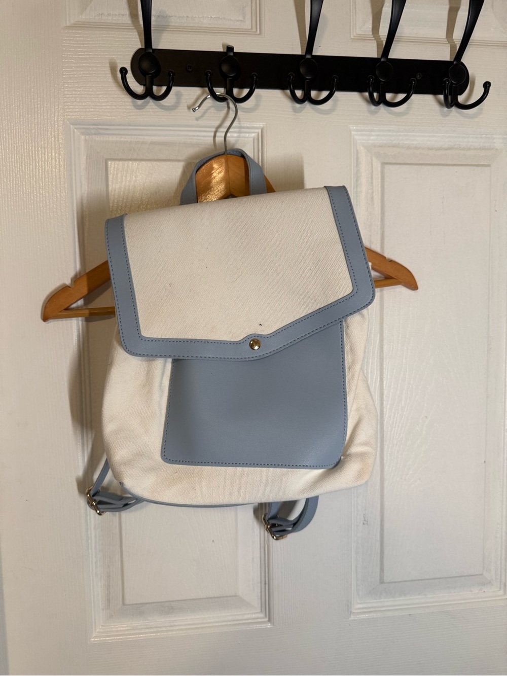 Cream and Light Blue Women's Canvas Backpack Tote